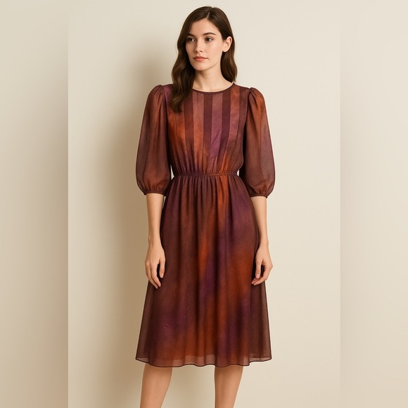 Vintage Jackie Taub ILGWU Dress Purple Orange Sheer Overlay Puff Sleeve Small - Picture 1 of 7